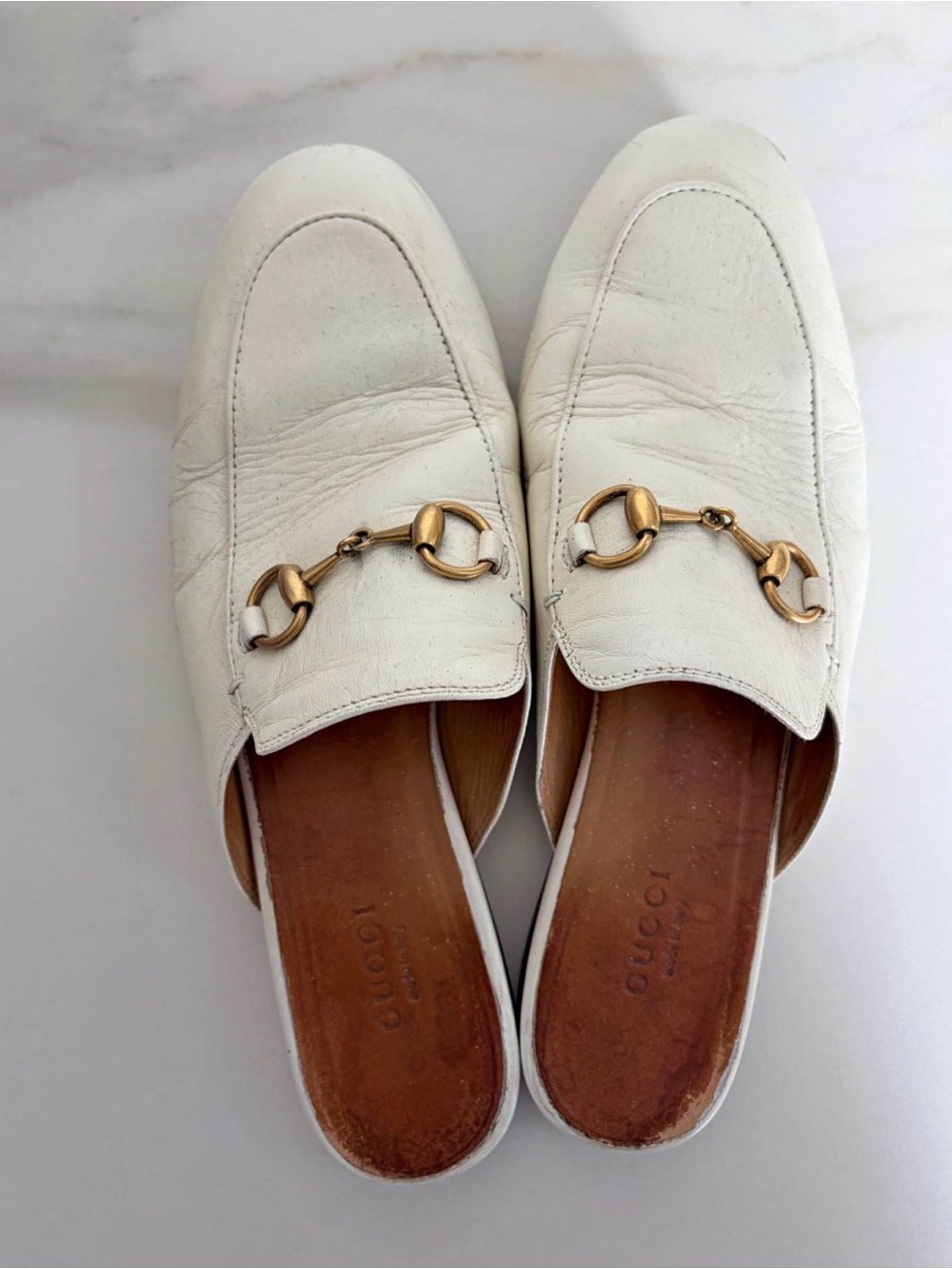 Authentic Gucci Cream Princetown Leather Gold Horsebit Mules Slippers